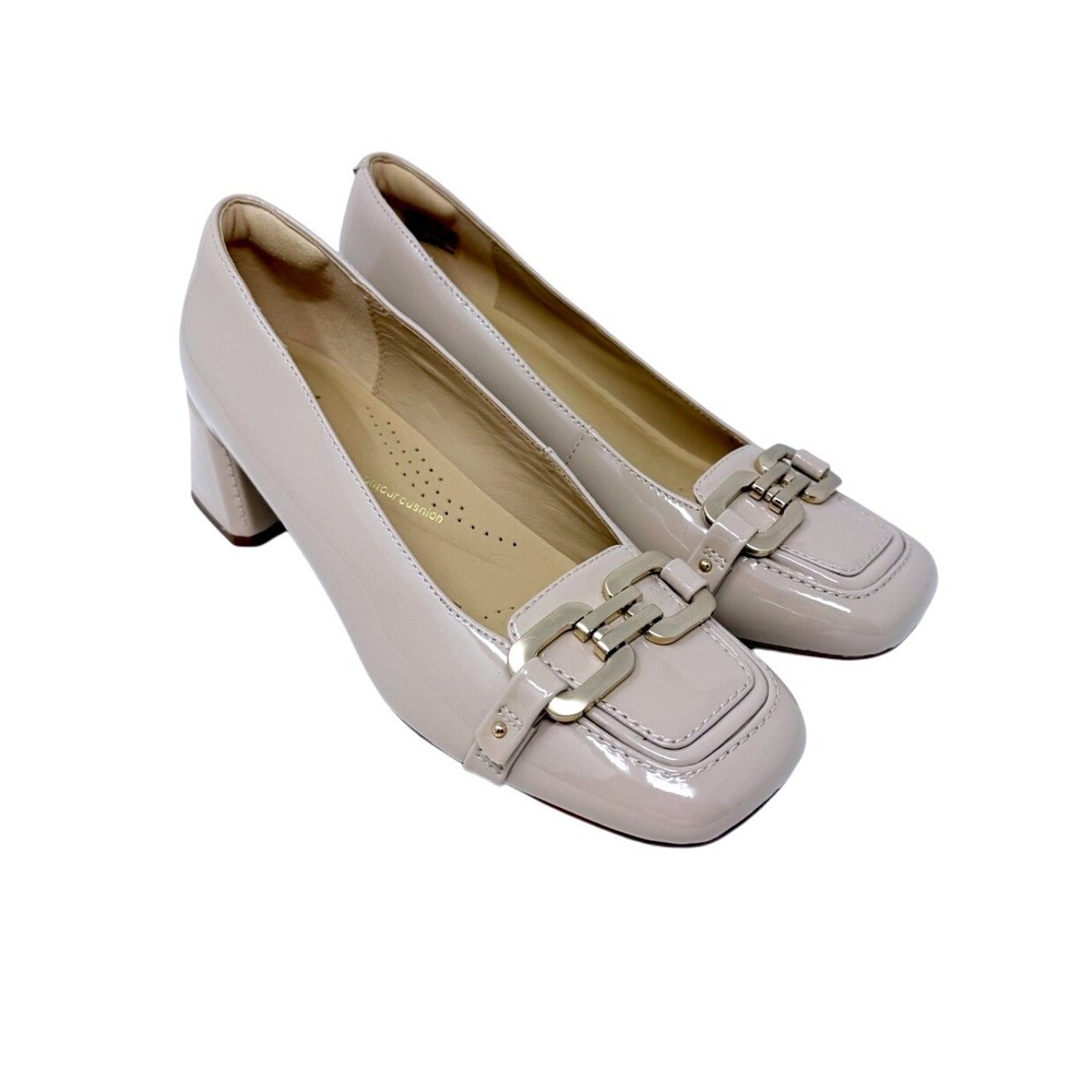 Clarks Nyta45 Court Sand Patent Leather Block Heel Square‎ Toe Pump 7.5